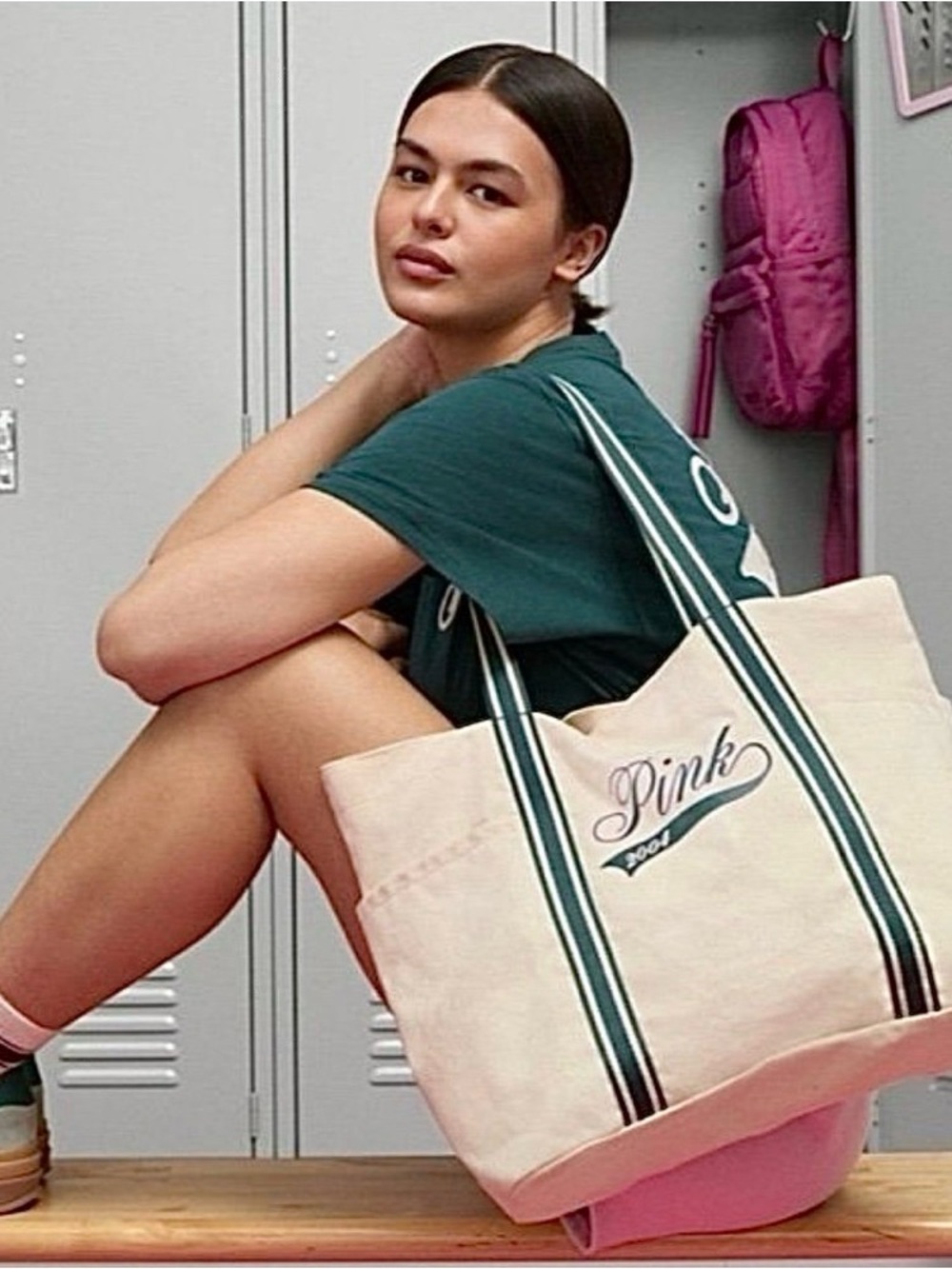 PINK Victoria's Secret Cream Canvas Tote with Green Striped Handles